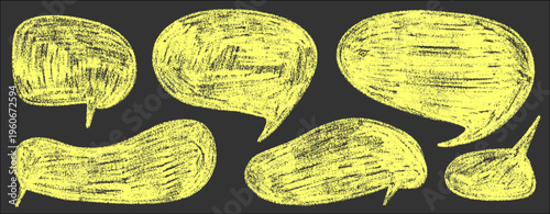 Cute bubble and speech elements in crayon texture, bubble and speech look light and drawn, crayon strokes mix with pencil, frame, balloon and doodle style.