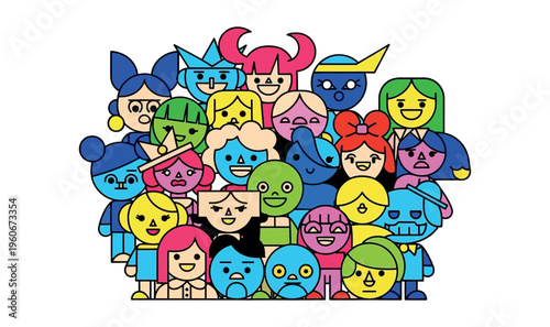 Colorful Diverse Cartoon Faces Crowd 2026: Vibrant Group of Unique Characters and Expressions – Minimalist Flat Vector Illustration for Community, Inclusion, and Modern Pop Art Designs