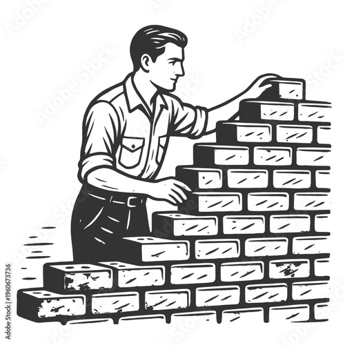 man carefully stacking bricks to build a wall, construction, progress, and hard work sketch engraving generative ai fictional character vector illustration. Scratch board imitation. Black and white.