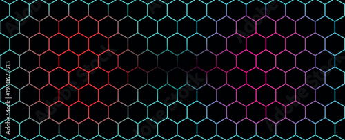Dark hexagon abstract technology background with red and pink colored bright flashes under hexagon. Hexagonal gaming vector tech illustration black abstract background. vector