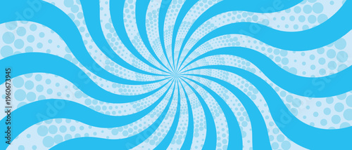 Retro blue background with vintage circus sunburst. Psychedelic colorful swirl poster, abstract pattern in 70s carnival style. Hypnotic sunburst vector illustration.