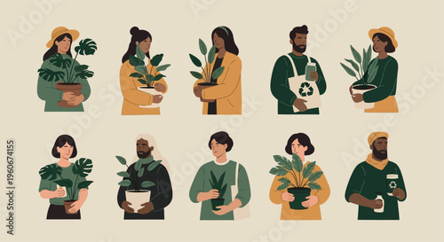 Eco-Friendly People and Plant Lovers 2026: Diverse Multiethnic Characters with Houseplants and Recycling Bags – Sustainable Living Flat Vector Illustration for Green Lifestyle and Ecology