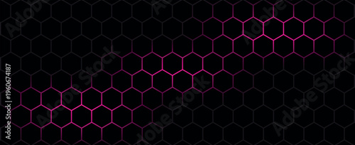 Dark hexagon abstract technology background with pink colored bright flashes under hexagon. Hexagonal gaming vector tech illustration black abstract background.