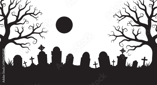 Black silhouette graveyard scene, spooky Halloween background, bare tree landscape, moonlit cemetery