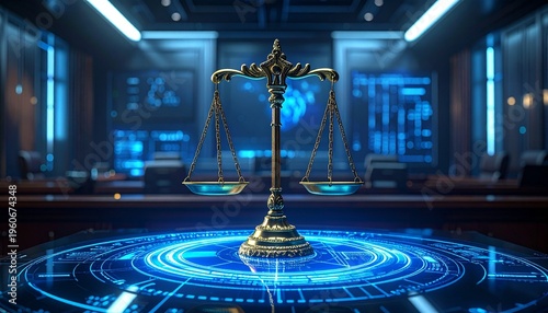 Golden balance scale glows within futuristic digital courtroom, symbolizing justice, fairness, and integrity; merging tradition with innovation, guiding humanity toward ethical order in a technologica