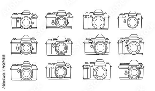 Minimal Vintage Camera Doodle Set – Old SLR Film Cameras Outline Vector Pack