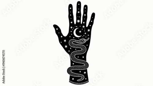 Mystical black silhouette illustration of a hand reaching up featuring esoteric celestial symbols for magical astrology concepts and spiritual zen graphic design.