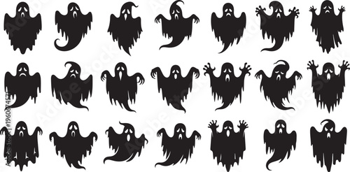 Halloween ghost icons, spooky black silhouettes, creepy character set, vector graphics