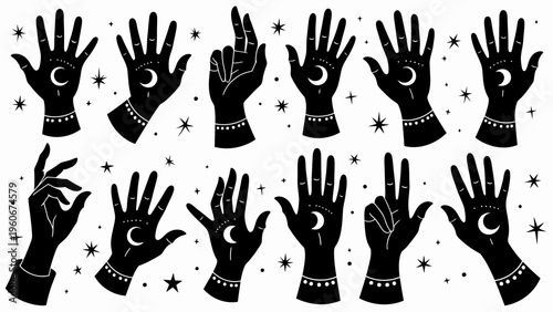 Set of mysterious black silhouette hand illustrations featuring esoteric celestial symbols for magical astrology concepts spiritual zen design and mystical graphics.
