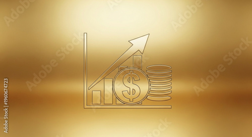 Golden financial growth chart with coins and dollar sign on shiny background symbolizing prosperity and investment