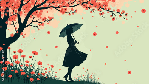Whimsical illustration of a young girl with an umbrella standing under a blooming autumn tree for magical seasonal concepts and poetic greeting cards.