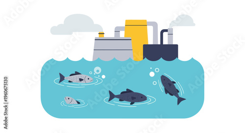 Industrial pollution impacting aquatic life, factory emitting smoke near dead fish in water.