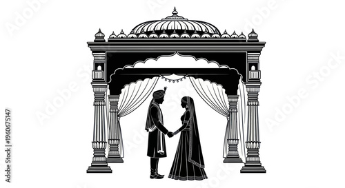 Indian Wedding Ceremony Silhouette: Couple Under Ornate Mandap