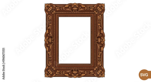 Ornate Antique Wooden Picture Frame with Intricate Carvings Isolated on White Background