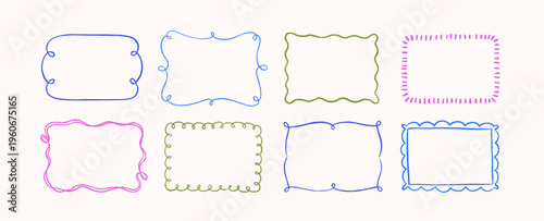 Line hand-drawn frame designs set. Cute scribble elements, border decorations in coquette naive doodle sketch style. Contour linear decor, modern horizontal backgrounds. Handdrawn vector illustrations