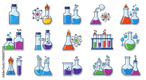 Chemistry Lab Equipment Icons: Flasks, Beakers, Test Tubes, Atoms, Bubbles