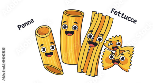 Cute Cartoon Pasta Characters - Penne, Fettuccine, Farfalle
