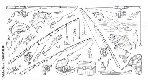 Fishing Gear and Tackle Assortment: Rods, Reels, Lures, Bait, and Fish Illustration