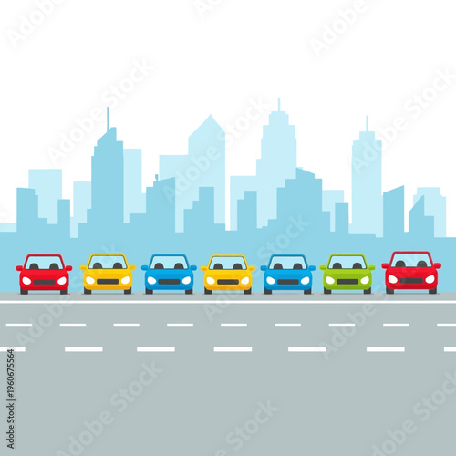 Colorful Cars Lined Up on City Street with Skyline Background