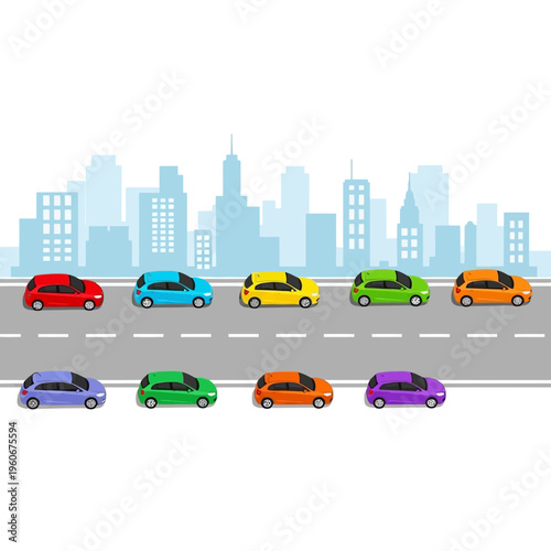 Colorful Cars Lined Up on Road with City Skyline Background