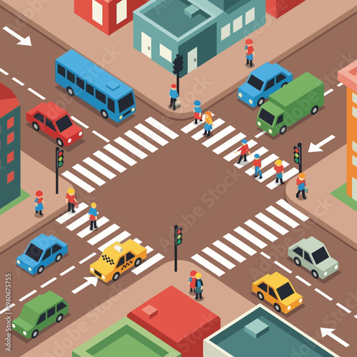 Isometric city intersection with cars, bus, taxi, and pedestrians crossing streets