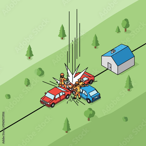 Car crash scene with emergency responders at a rural roadside with a house nearby.