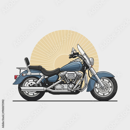 Classic Blue Cruiser Motorcycle with Sunburst Background, Side View