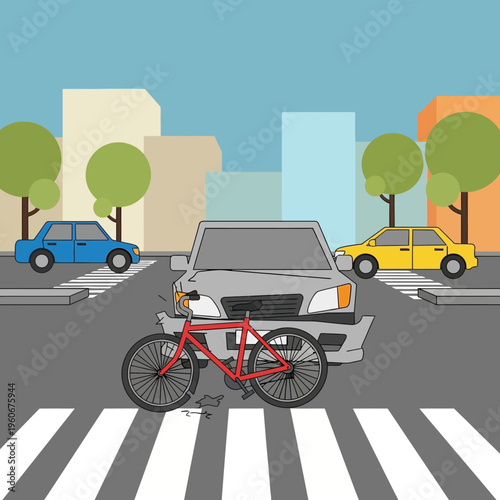 Car crash with bicycle on pedestrian crossing in city street