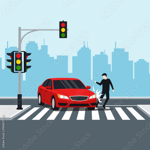 Car hits pedestrian at crosswalk with traffic lights, urban accident concept