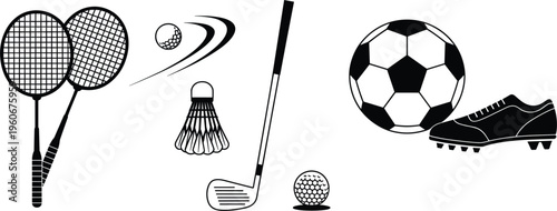 Sports equipment vector set tennis badminton golf soccer ball shoe icons collection black illustration