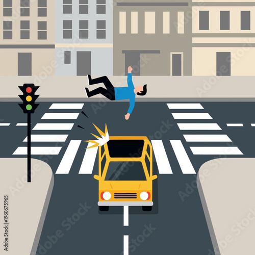 Car hits pedestrian at crosswalk, traffic accident, danger on street