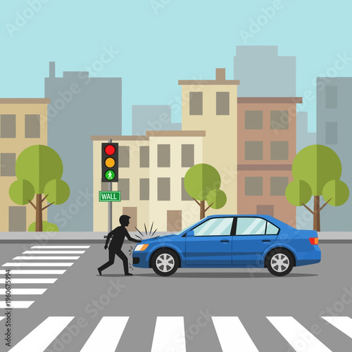 Car hitting pedestrian at crosswalk with traffic light in city street