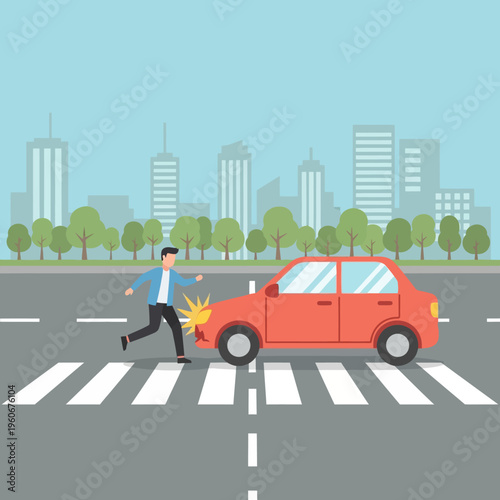 Car hitting pedestrian on crosswalk in city street, accident concept