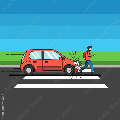 Car hitting pedestrian on crosswalk, accident, danger, traffic safety concept
