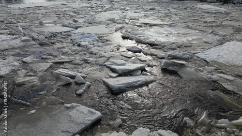 Ice jam filling river Kiiminkijoki in Vesala, Oulu Finland