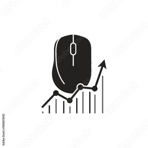 Computer mouse on a bar chart with an upward trend line, symbolizing digital marketing performance and online business growth.