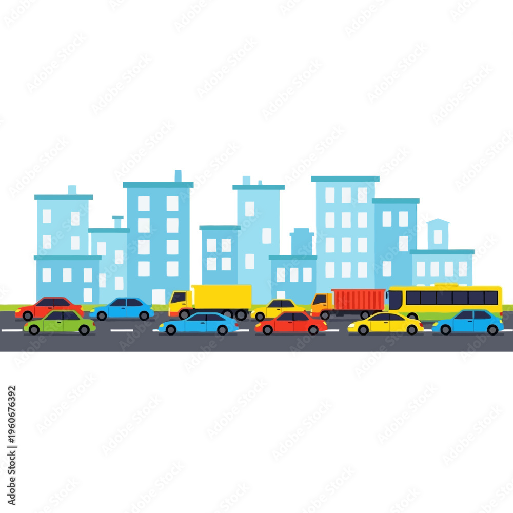 Fototapeta premium City Traffic Jam with Cars, Trucks, and Bus on Road, Blue Buildings Background
