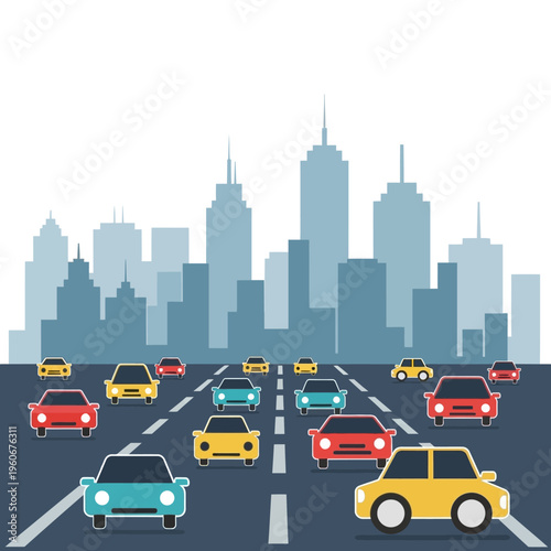 City Traffic Jam: Cars on Highway with Skyline Background