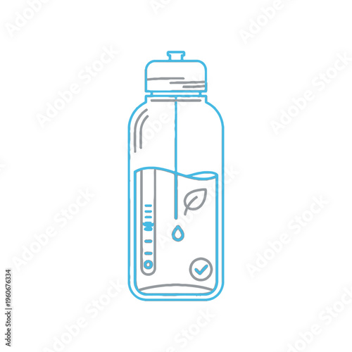 A line art illustration of a clear water bottle with a blue outline, containing water, a thermometer, a leaf, a drop, and a checkmark, symbolizing hydration and health.