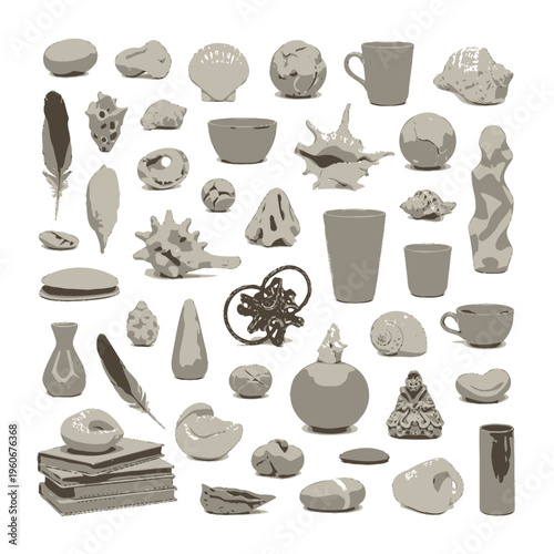 A diverse collection of natural and man-made objects, including shells, stones, feathers, pottery, and sculptures, arranged on a white background in muted tones.