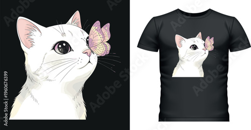 Cute white cat looking at butterfly gentle moment art.