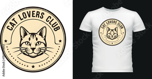 Cat lovers club emblem vintage style cat face logo.