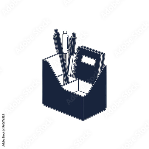 A simple graphic illustration of a desk organizer holding pens and a small spiral notebook, depicted in a dark color.