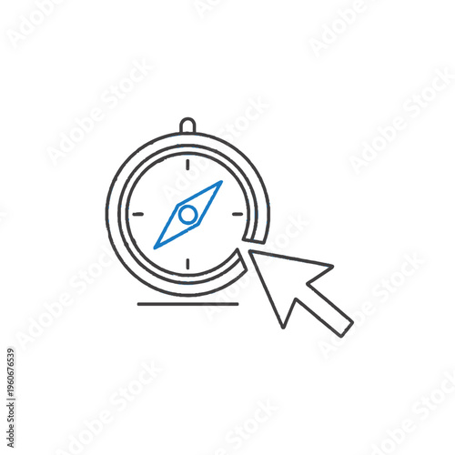 Outline icon of a compass with a computer mouse cursor pointing towards it, symbolizing digital navigation and exploration.