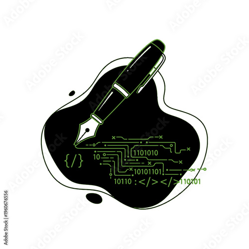 A stylized illustration combining a classic fountain pen with digital code and circuit board elements on an abstract ink blot shape, representing creative coding.