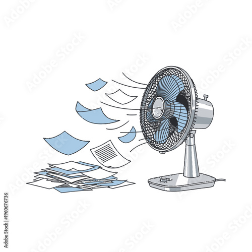 A table fan blowing air, scattering a stack of documents and papers across a white background.