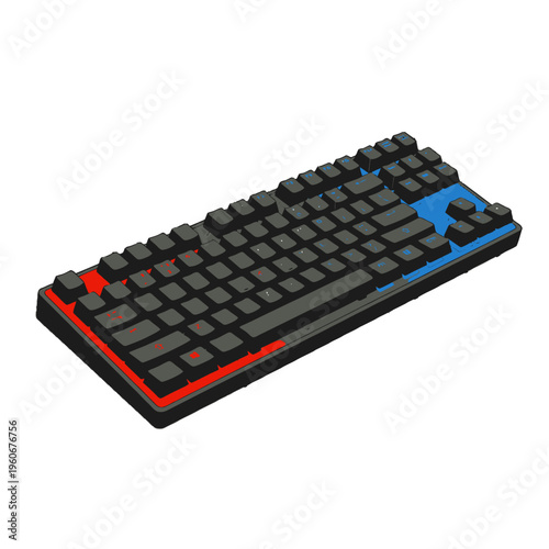 A black computer keyboard with red and blue highlighted keys, designed for gaming or specialized use, viewed from an angled perspective.