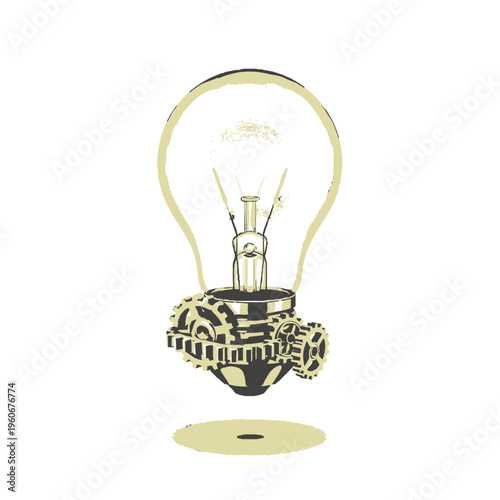 A stylized illustration of a glowing light bulb with intricate mechanical gears at its base, symbolizing innovation and ideas.