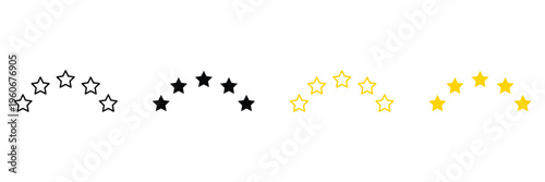 Five star rating icon set in arc shape with outline, solid, and yellow colors for customer review and feedback concept.