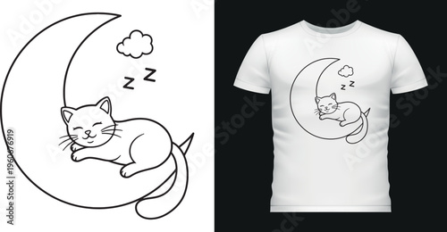Cute cat sleeping on crescent moon, cloud, stars, Zzz, night.